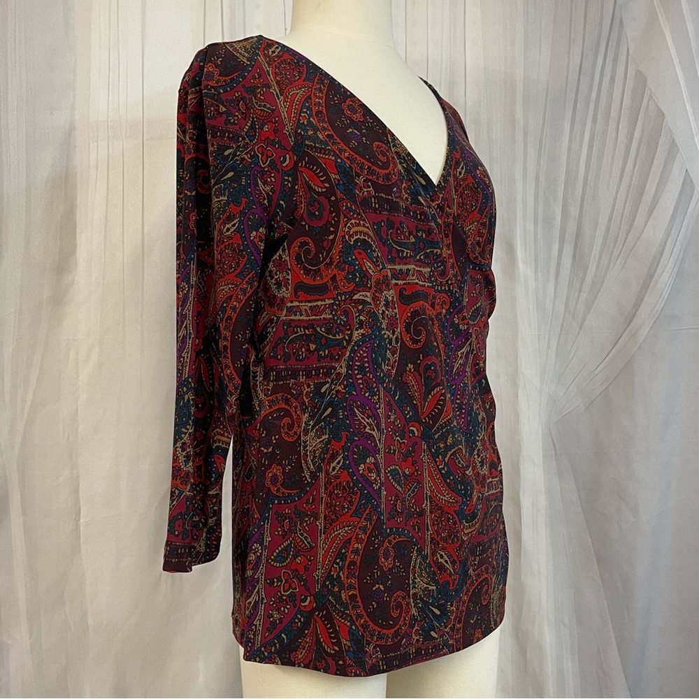 Chaps Multicolor Paisley V-Neck Blouse Vibrant Design Office Business Top Tunic - Picture 2 of 8